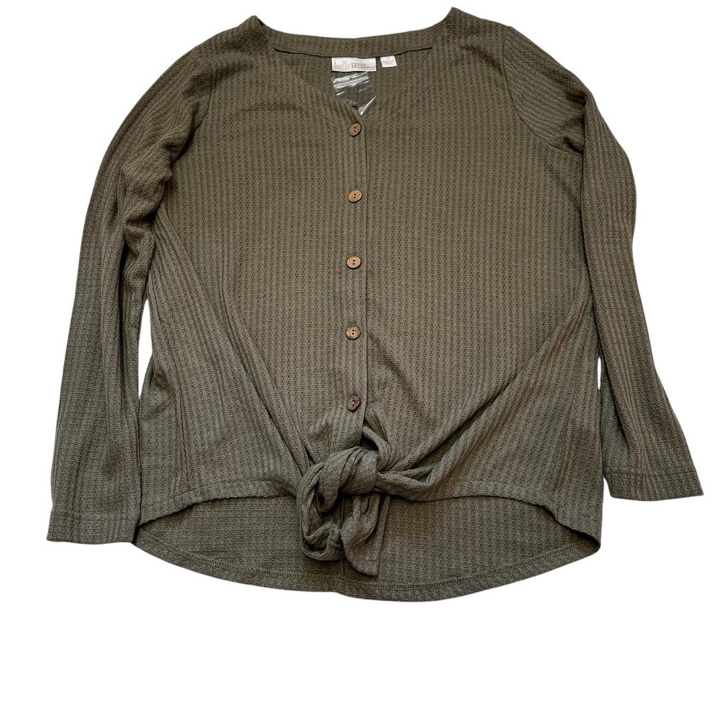 Belle by Kim Gravel Waffle Button Tie-Front Top Size XS Long Sleeve V Neck NWT - Picture 1 of 16